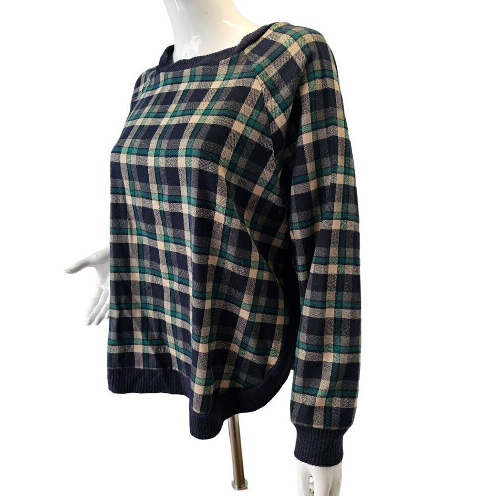 As Know As Blue Plaid Pullover Top Womens M/L Round Neck Long Slv Curved Hem
